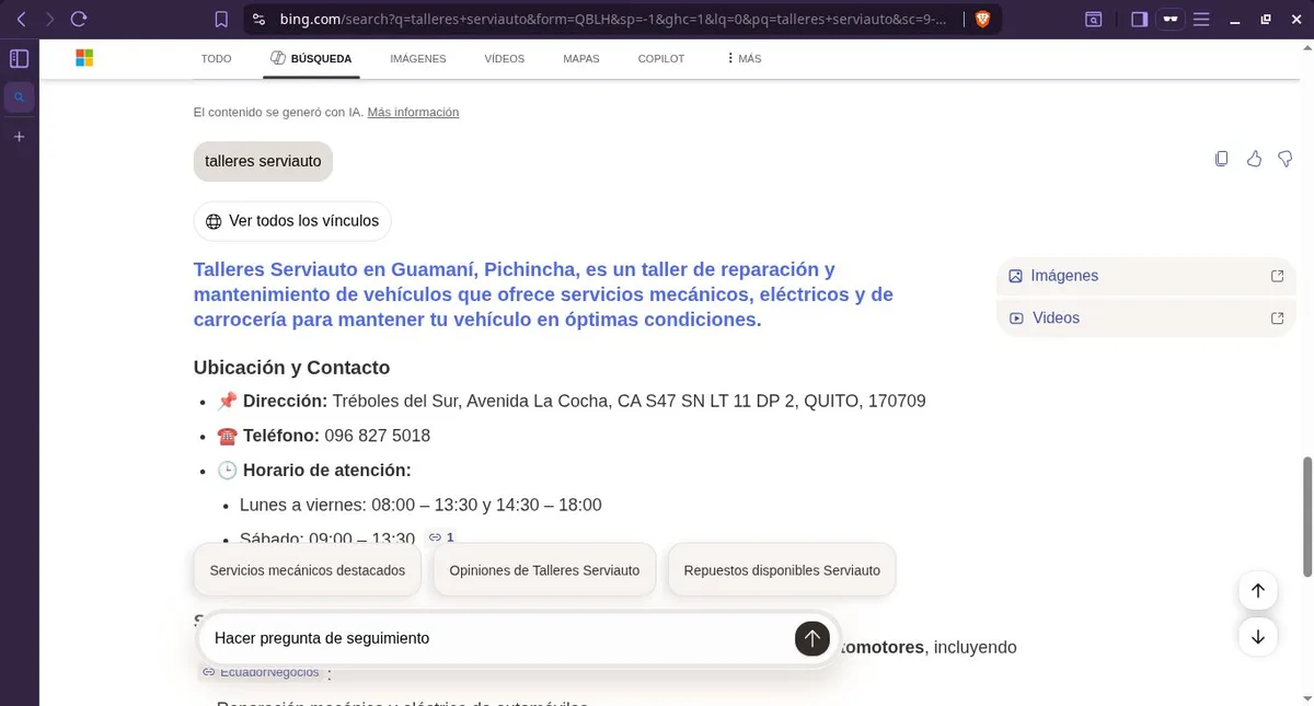 Respuesta generada con IA en Bing describiendo servicios y contacto del taller