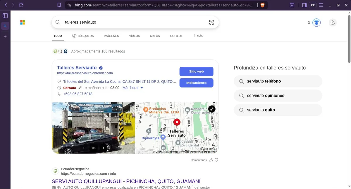 Panel de negocio destacado en Bing con mapa y fotos del taller