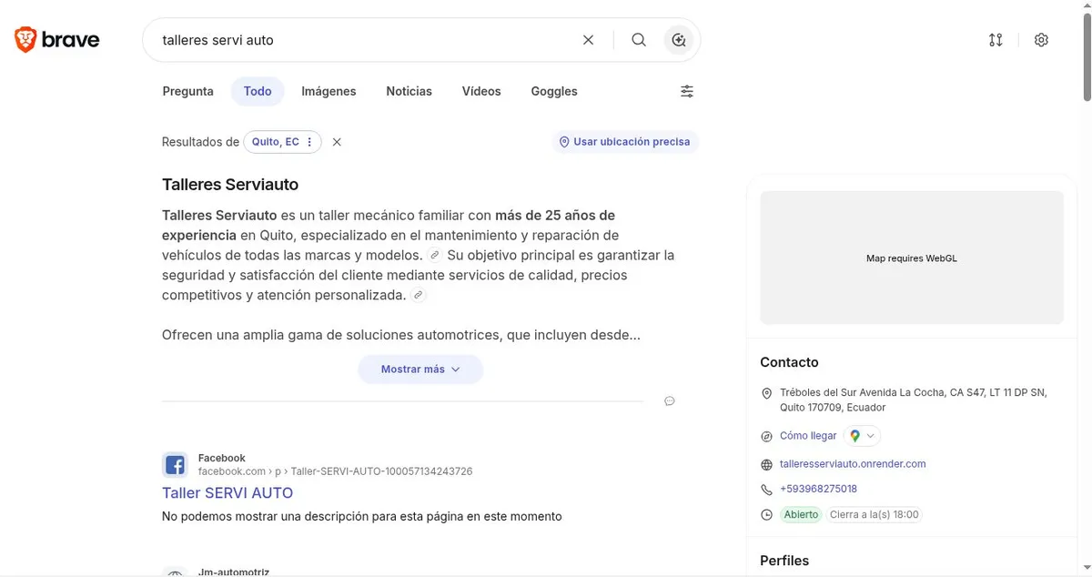 Respuesta de IA de Brave presentando el taller con su trayectoria y sitio web