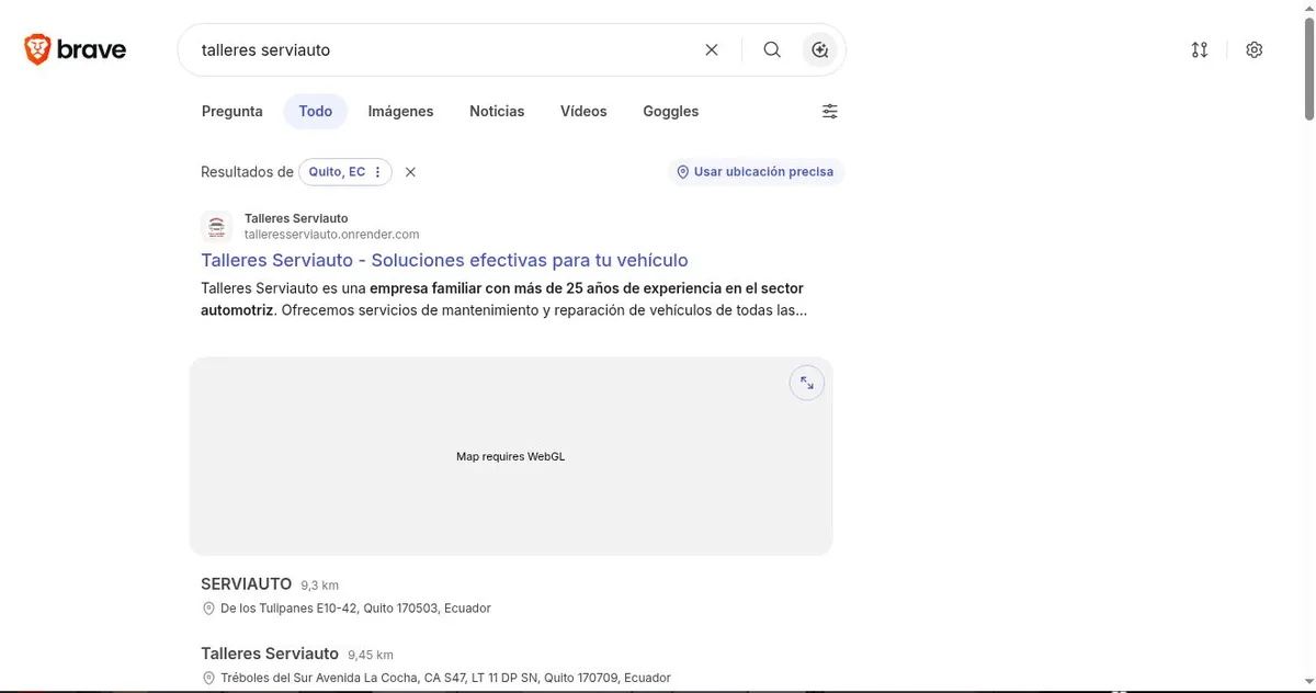 Búsqueda en Brave Search desde Quito con el sitio como primer resultado