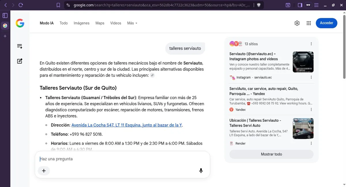 Modo IA de Google citando al taller como primera alternativa al sur de Quito