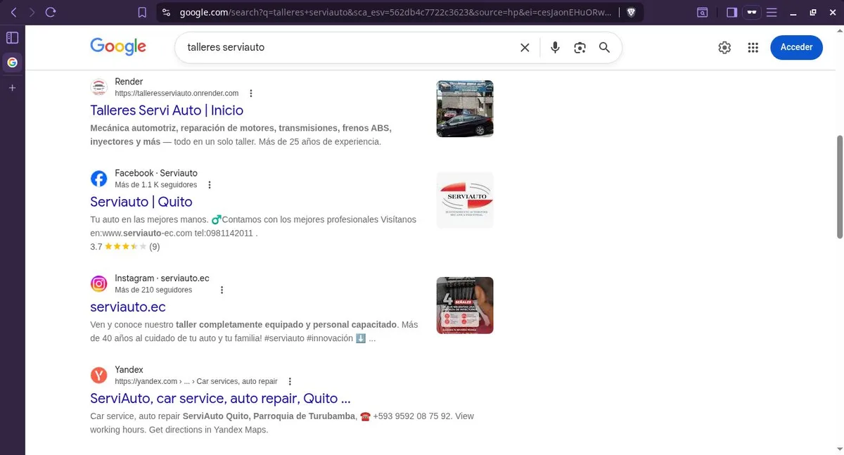 Búsqueda 'talleres serviauto' en Google con el sitio como primer resultado