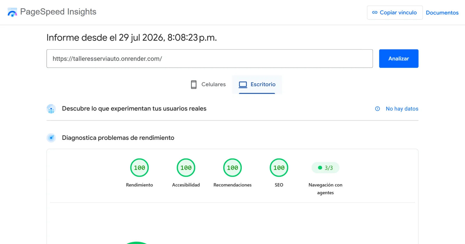 PageSpeed Insights en escritorio: 100 en las cuatro métricas y 3/3 en navegación con agentes