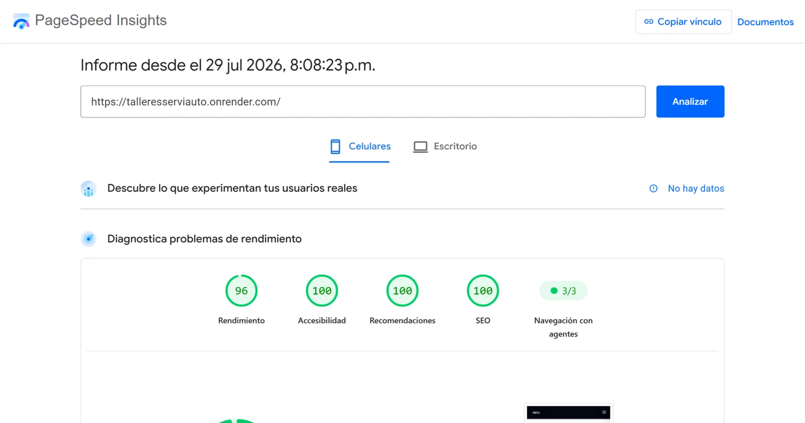 PageSpeed Insights en móviles: 96 de rendimiento y 100 en accesibilidad, recomendaciones y SEO