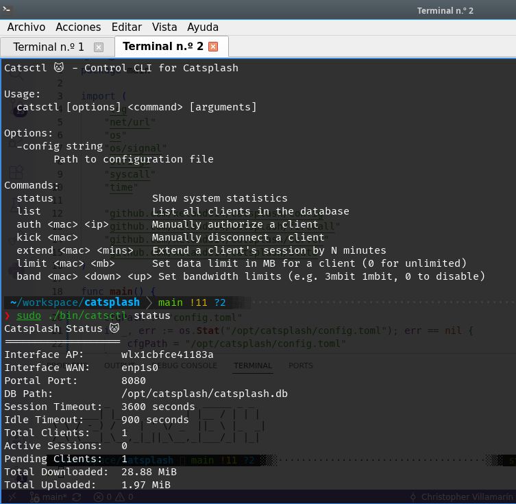CLI catsctl mostrando estado y listado de clientes