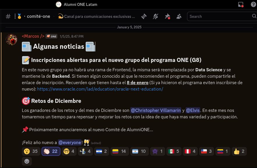 Captura de pantalla del anuncio de ganadores de Alumini ONE